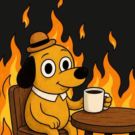 the this is fine dog with his coffee