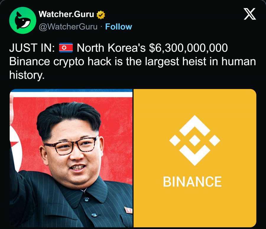 Watcher.Guru: North Korea's $6.3B Binance hack is the largest heist in human history